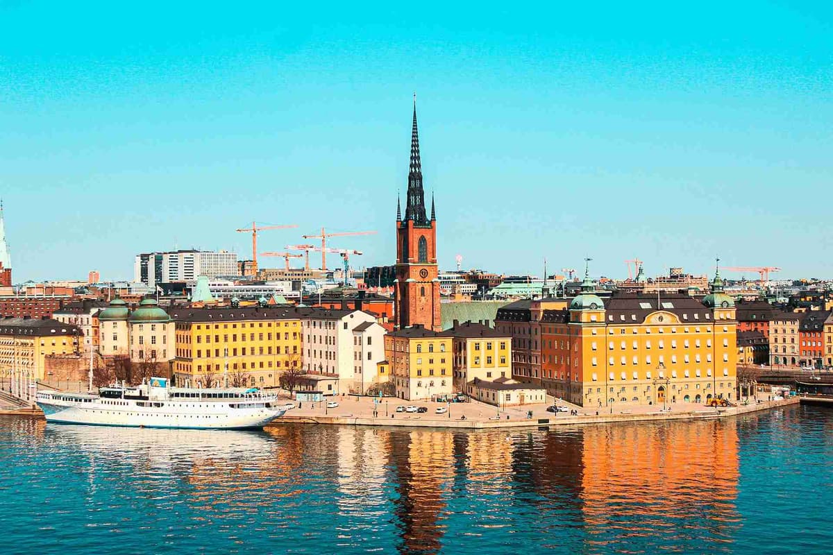 Colorful buildings of Stockholm by the water.