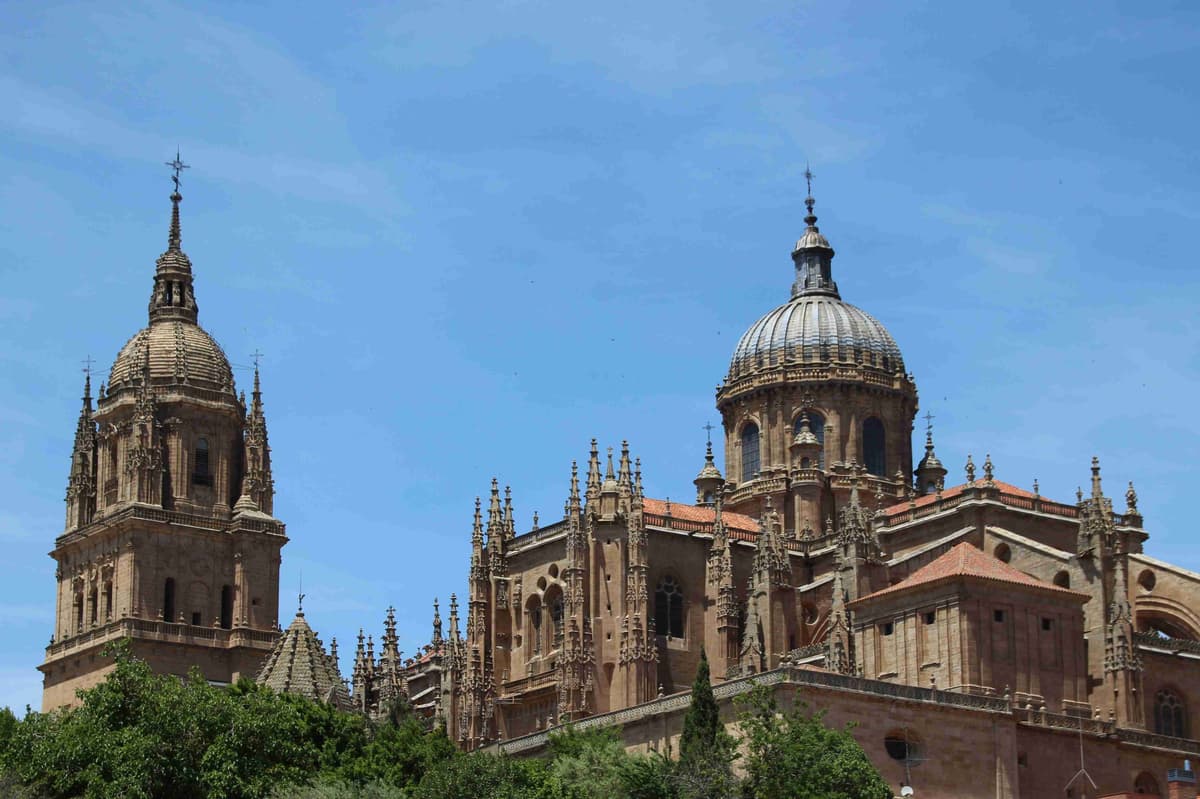 قباب وأبراج الكاتدرائية القوطية تحت سماء زرقاء صافية.