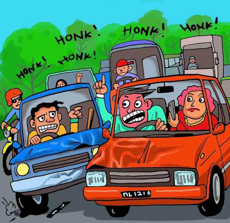 Karikatūra, kurā redzami šoferi, kuri dungo sastrēgumā.