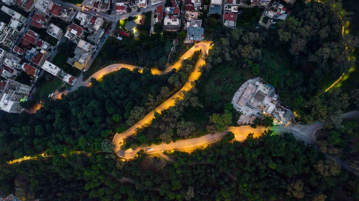 Aerial View of City Roads at Dusk