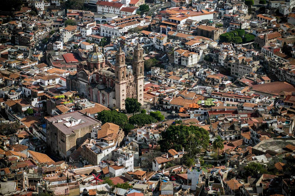 Aerial View of Historic Colonial Town and Church