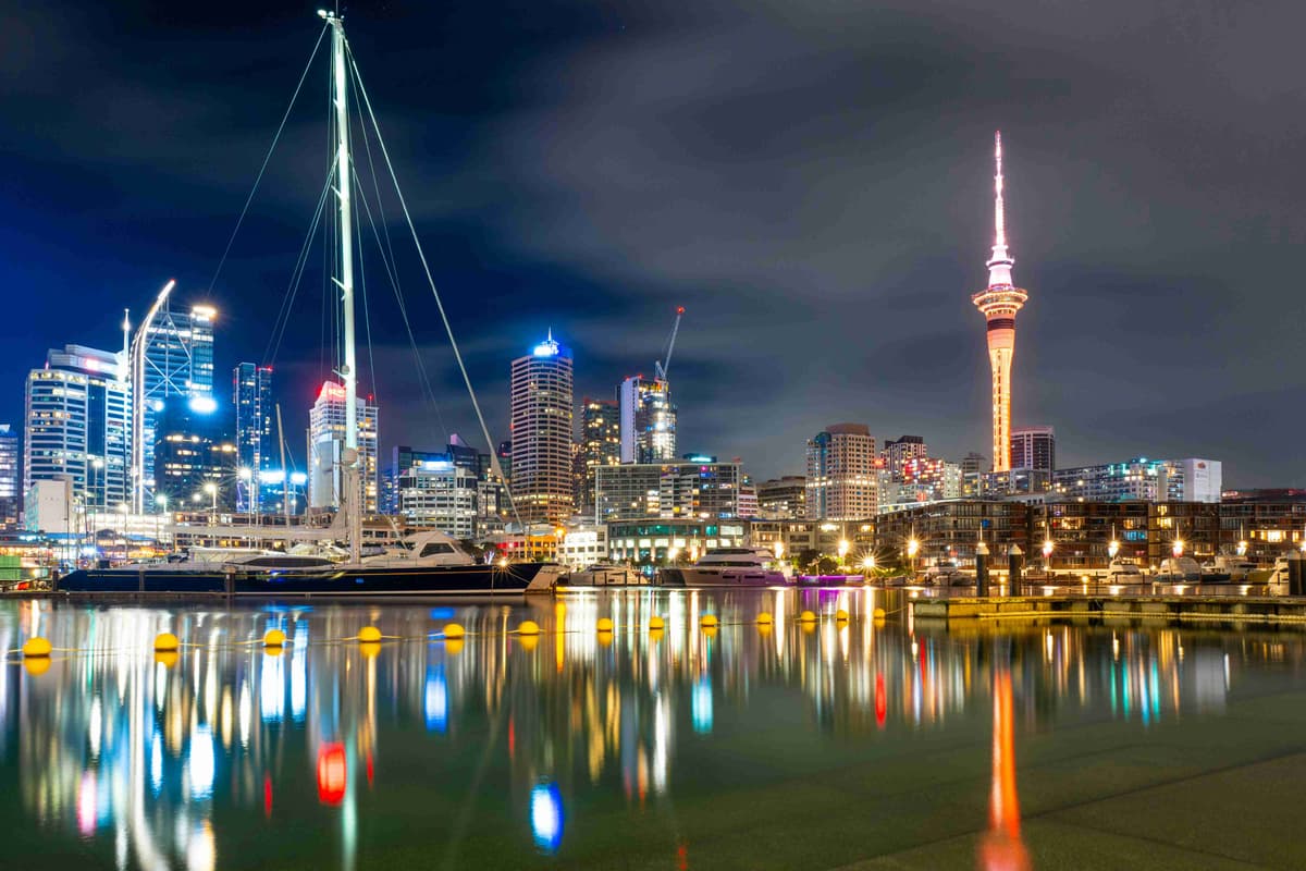Auckland Harbor at Night with Sky Tower Illumination