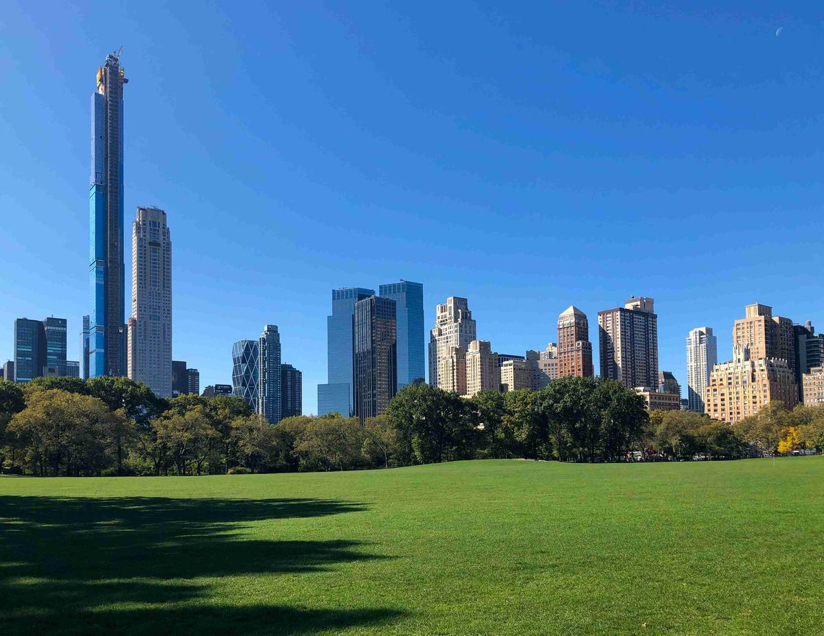 Central Park View of NYC Skyscrapers and Clear Blue Sky