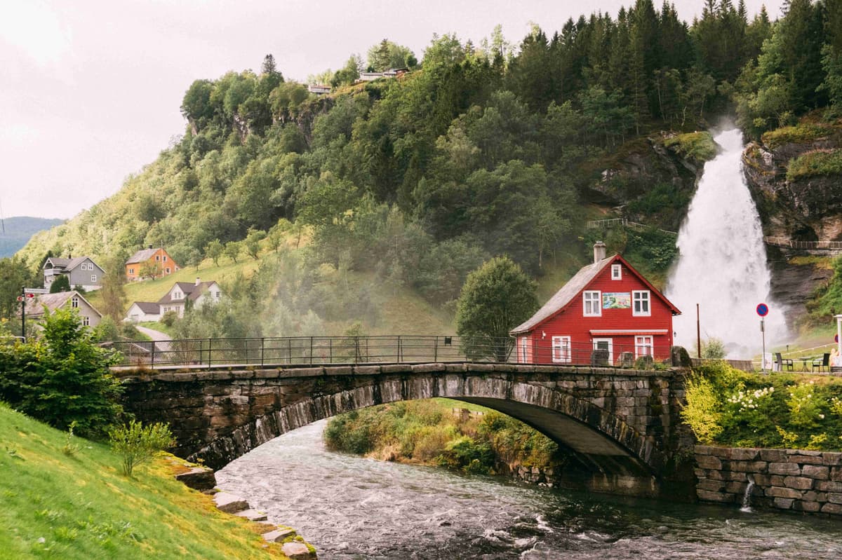 Charming Village Bridge and Waterfall Norway
