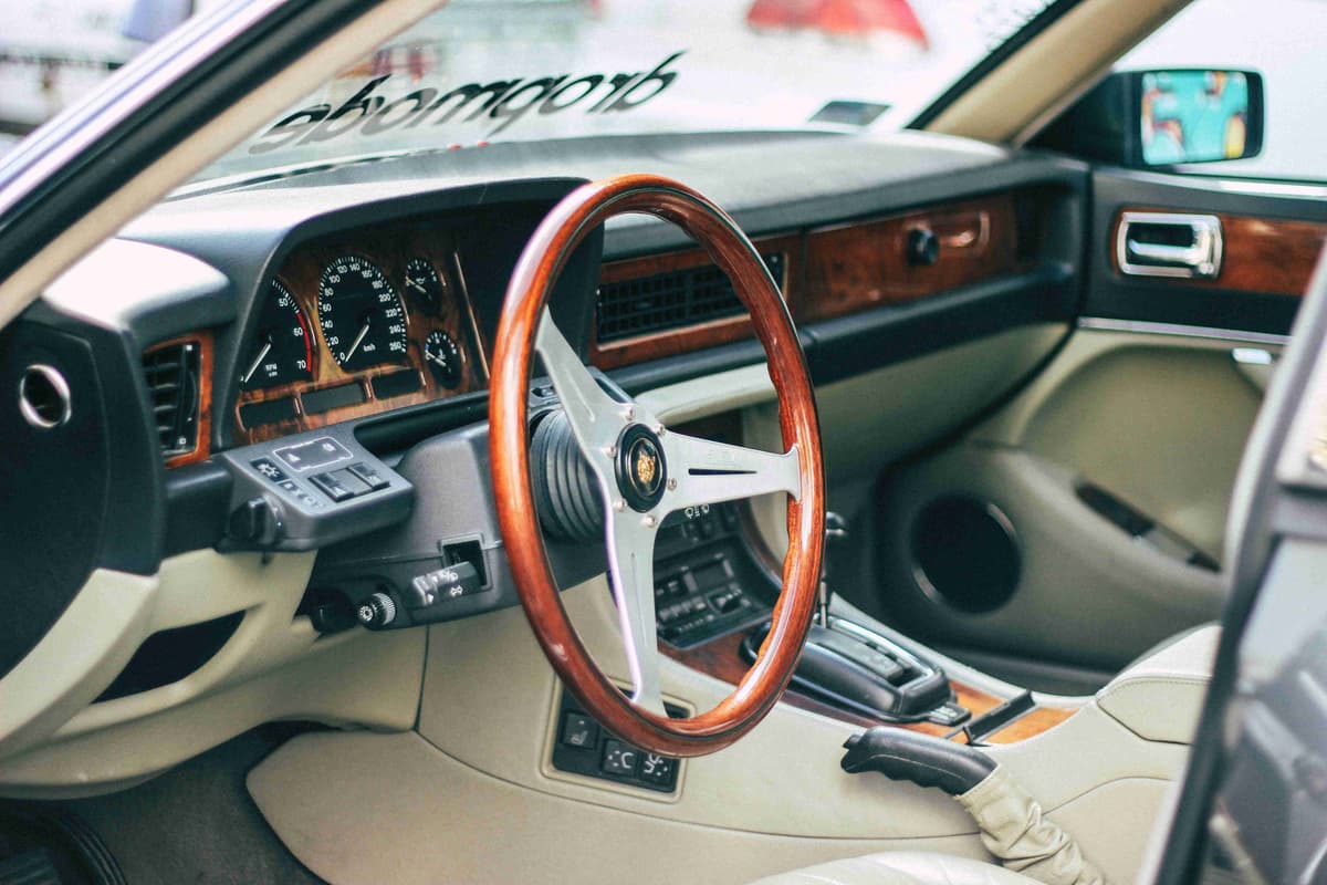 Classic Car Interior with Wooden Steering Wheel