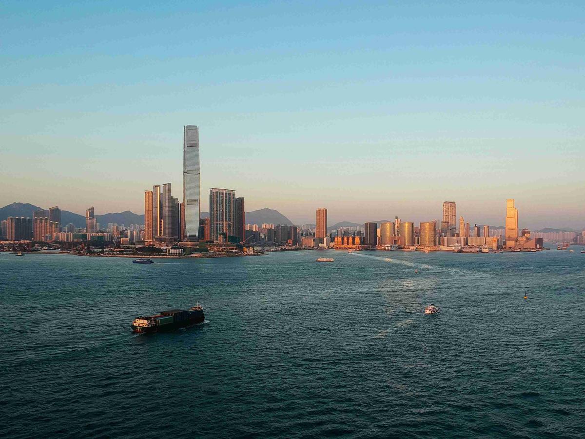 Golden Hour Over Hong Kong Skyline and Harbor