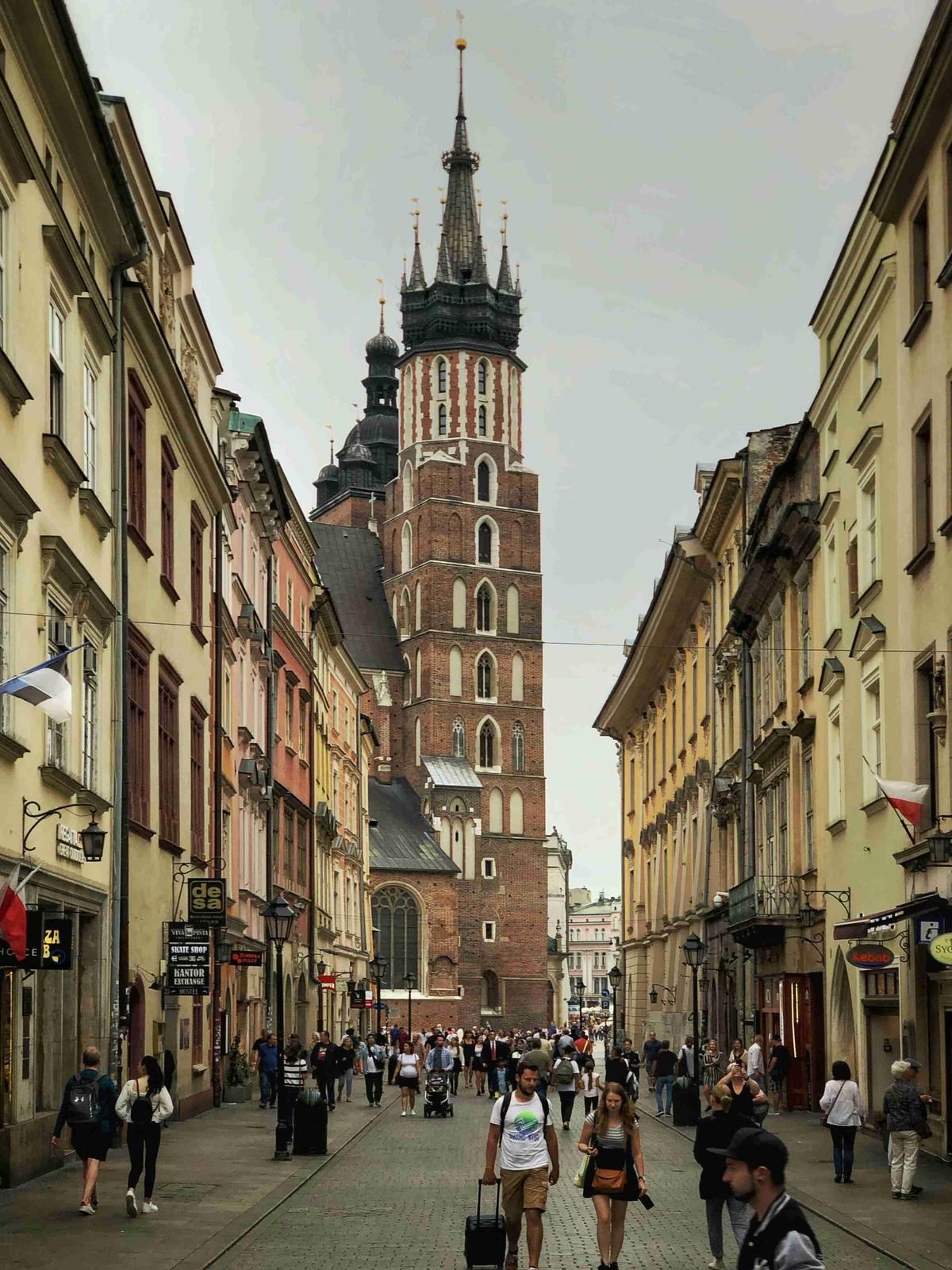 Historic European City Street with Gothic Tower