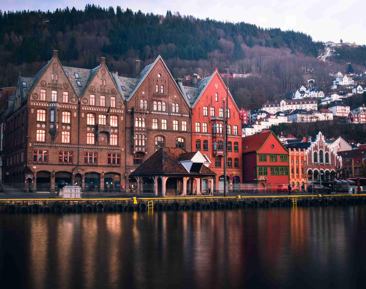 Historic Waterfront Buildings at Dusk