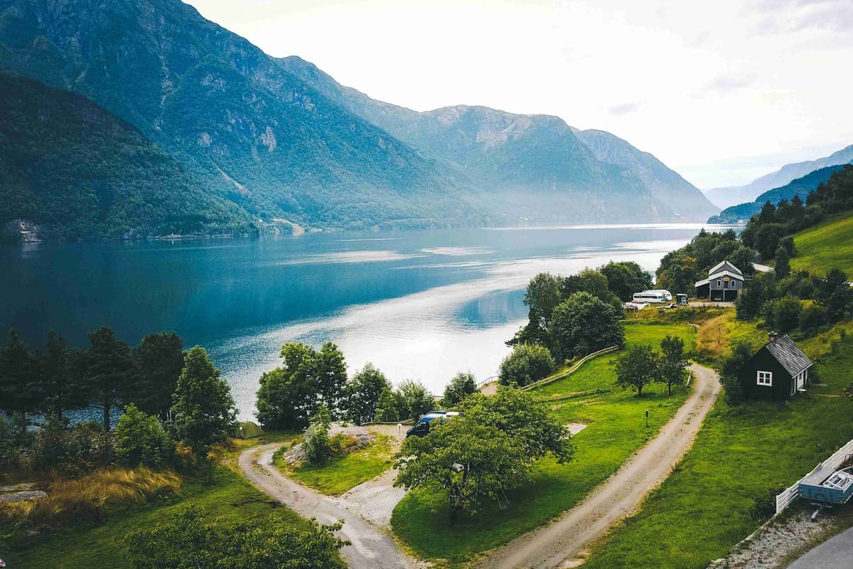 Lush Green Landscape by Norwegian Fjord