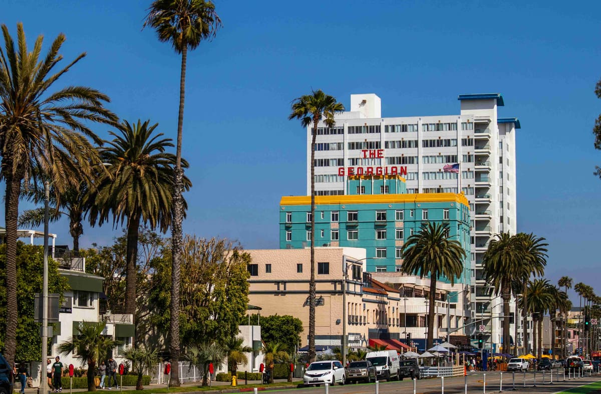 Santa Monica Palm Lined Street With The Georgian Hotel