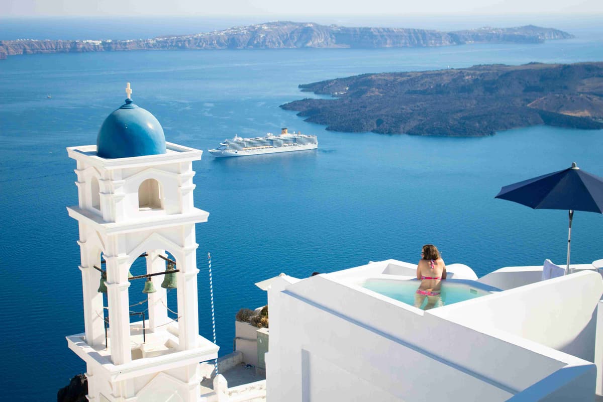 Santorini View with Blue Dome and Swimming Pool