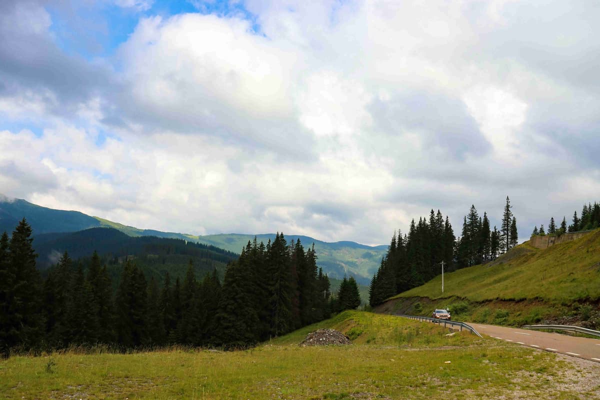 Scenic Mountain Pass with Lush Forests and Partly Cloudy Sky