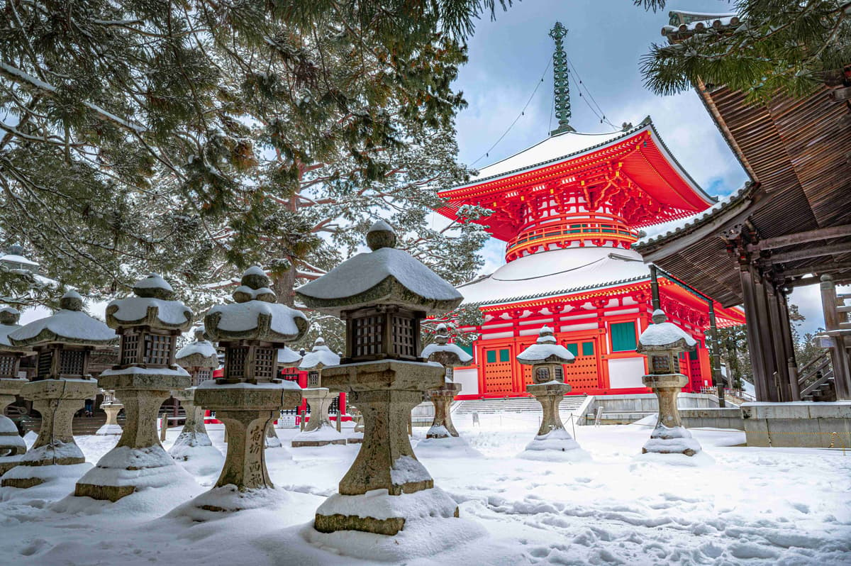 Snowy Temple with Stone Lanterns