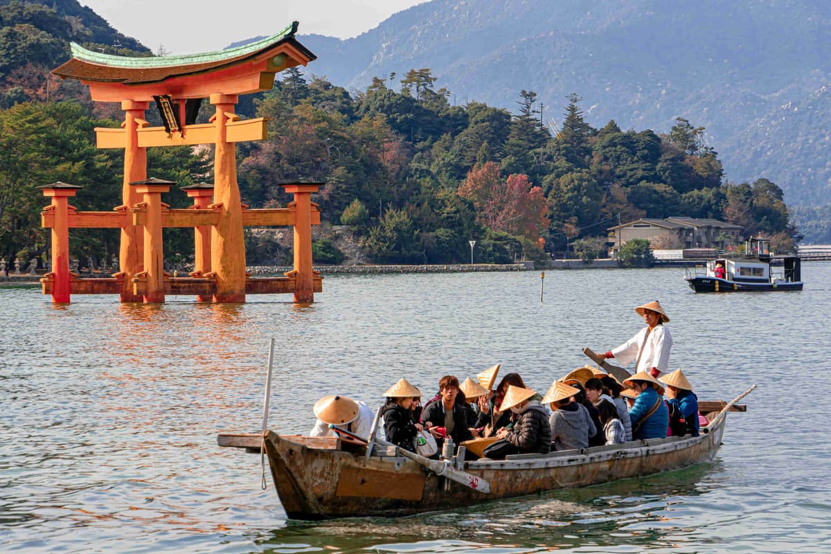 Tourists Boat Ride Near Torii Gate Miyajima Japan