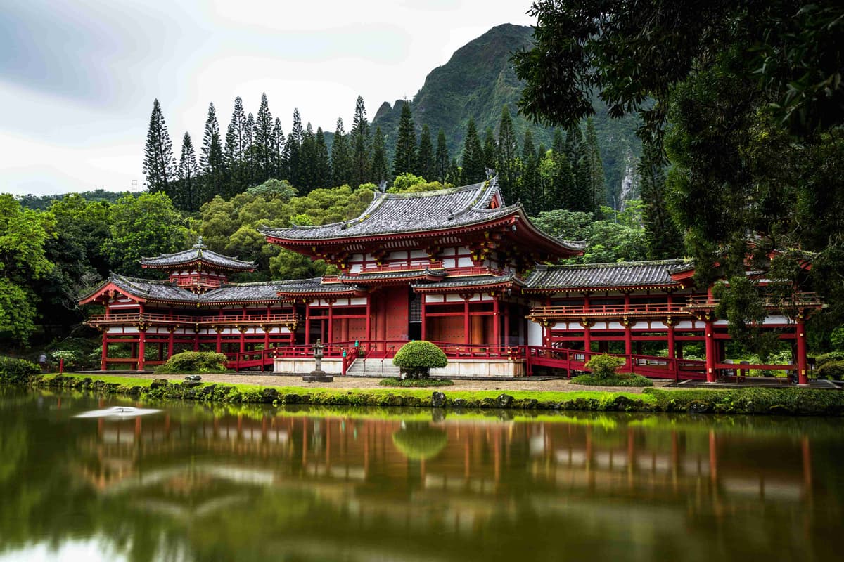 Traditional Red Temple by the Pond