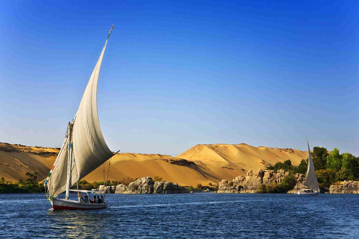 Traditional _Sailboat on River Nile with Desert Background