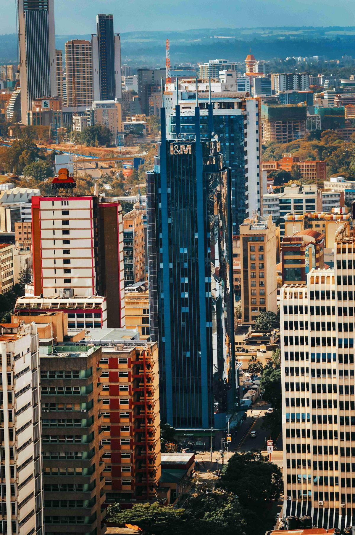 Urban Canyon View with Skyscrapers and Busy Street
