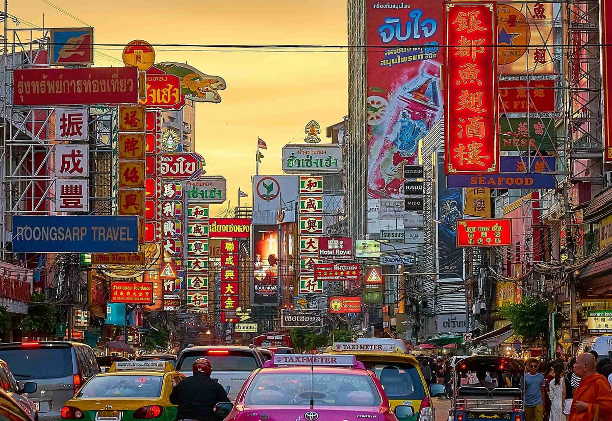 Vibrant Street Scene in Bangkok at Dusk