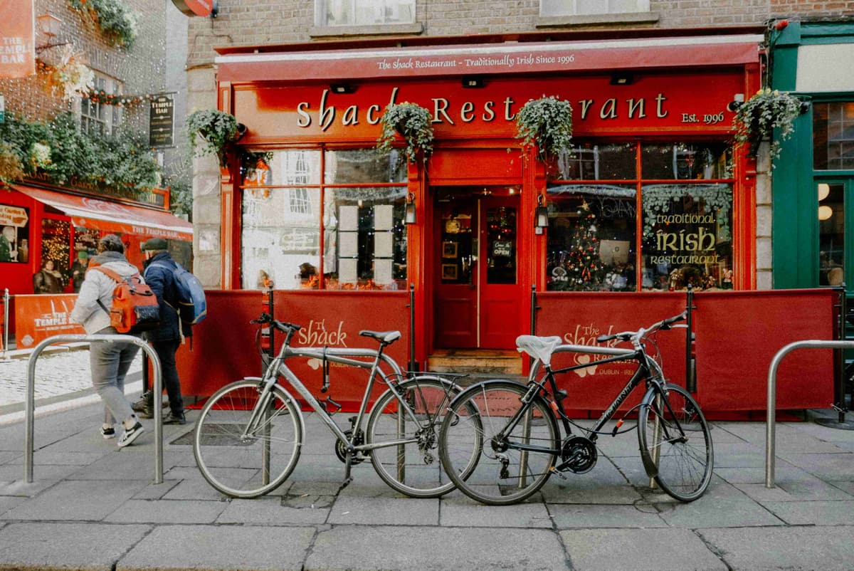 Vintage Style Irish Restaurant Facade with Bicycles