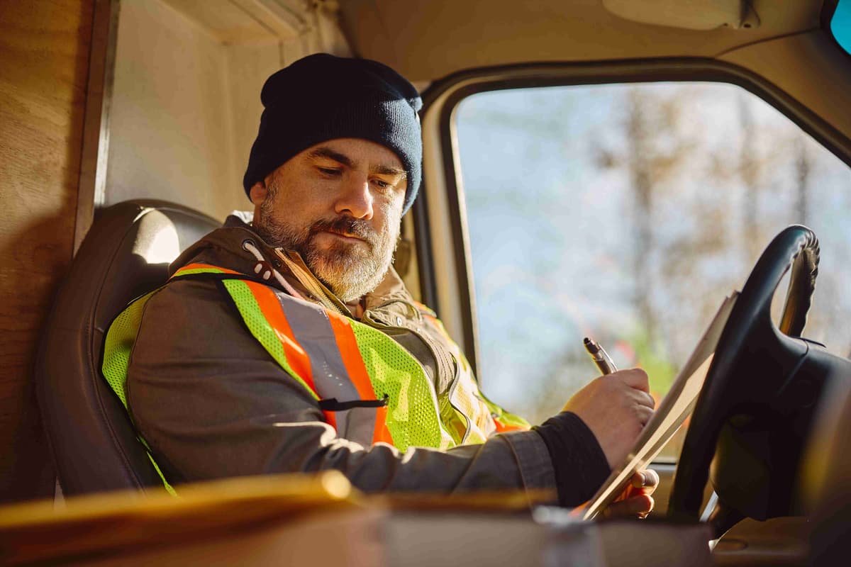 delivery-man-writing-on-clipboard-while-checking