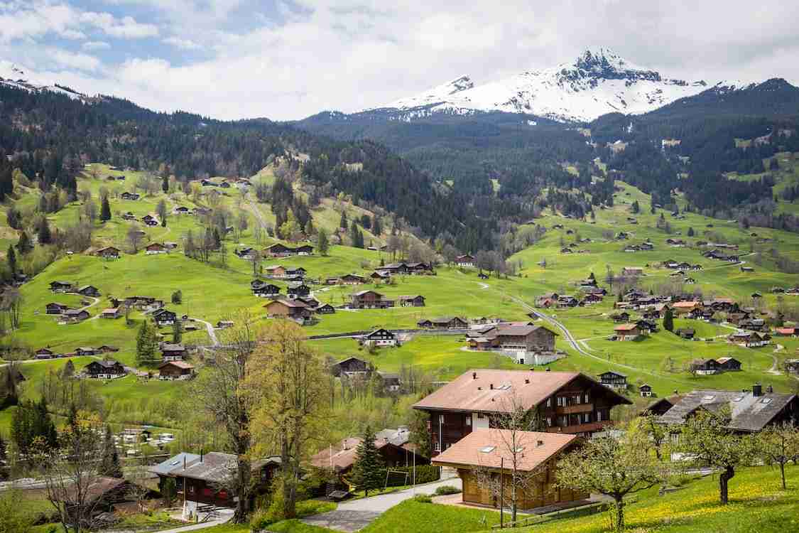 Lush Swiss village with Alpine backdrop.