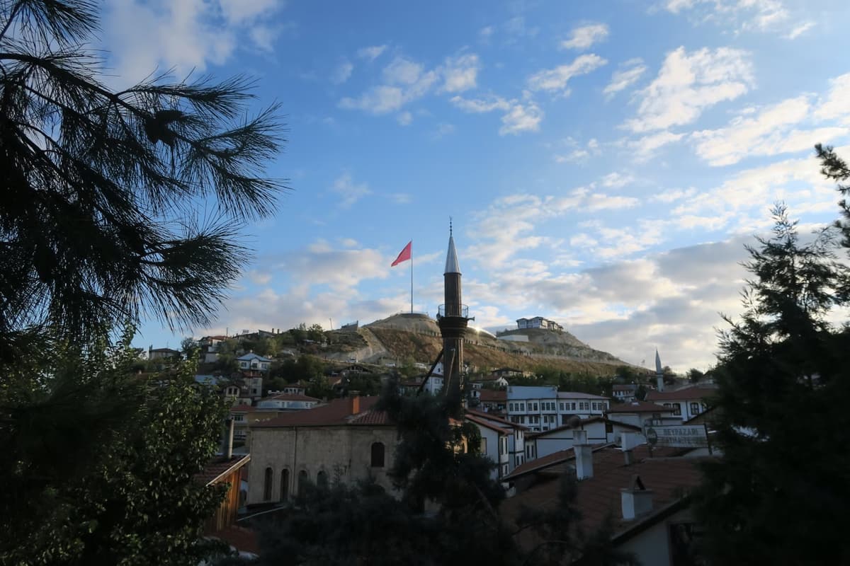 Scenic View of a Turkish Town with Flag and Minaret