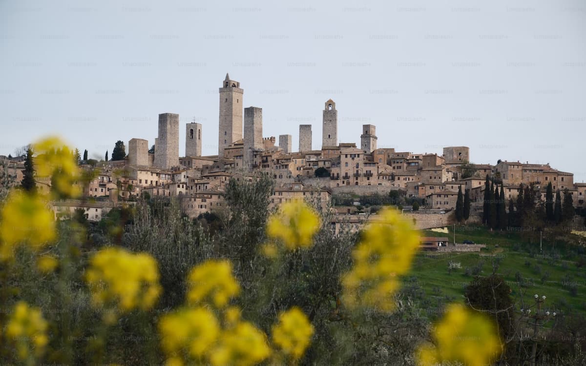 Les tours médiévales emblématiques de San Gimignano avec leurs fleurs printanières