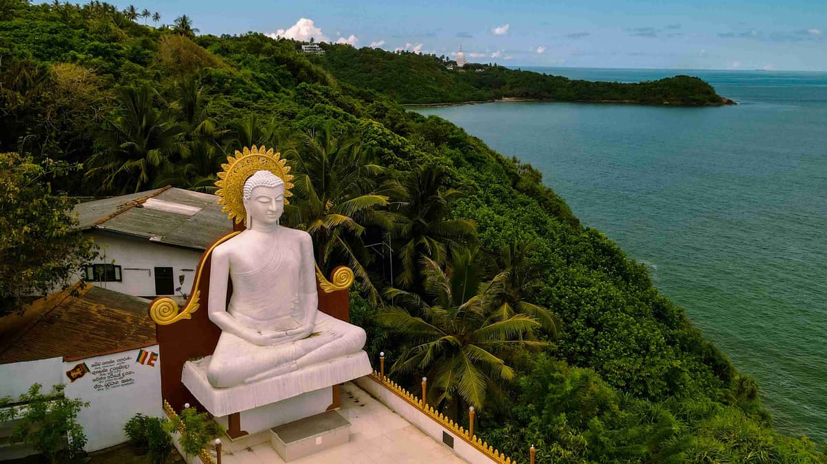 Estatua serena de Buda con vistas al paisaje costero