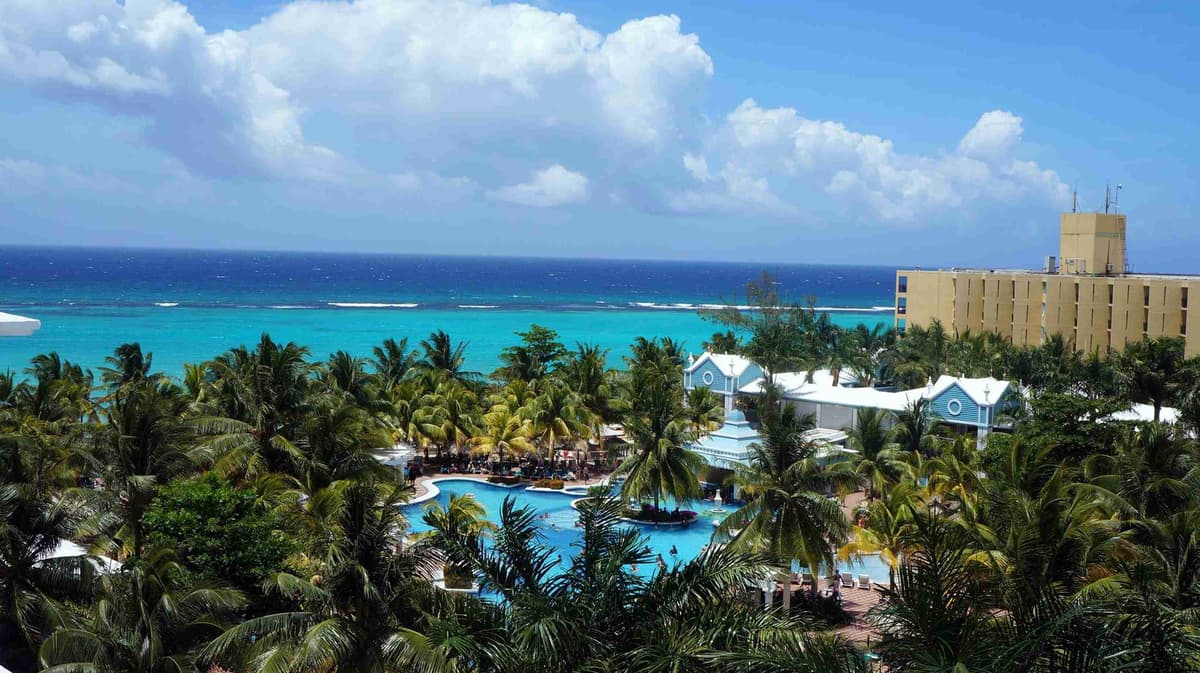 Resort ved havet med palmer i Jamaica.