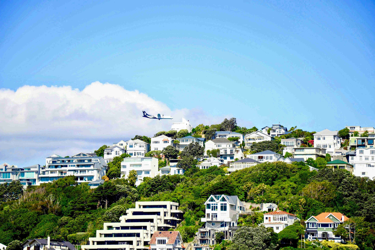 Hillside_Homes_With_Approaching_Airplane_Wellington