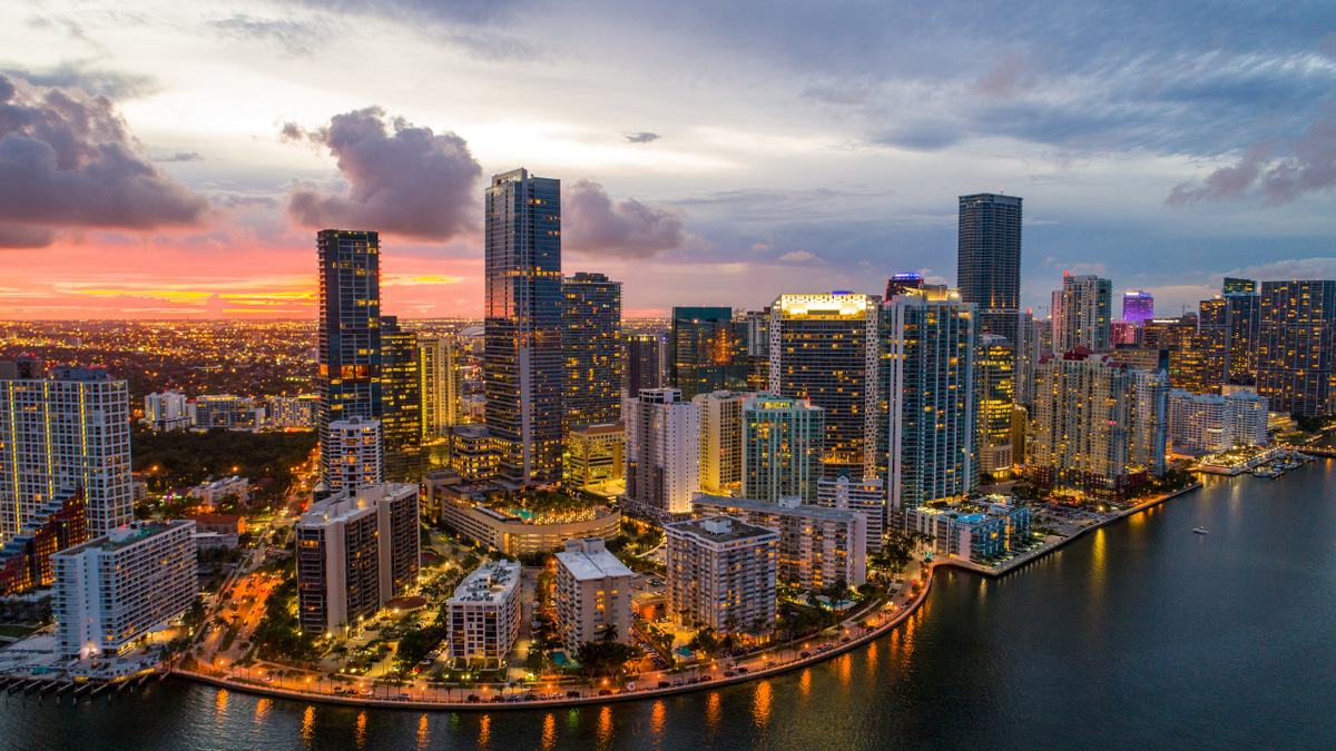 "Sunset Over Miami Skyline: A Vibrant Evening in the City"